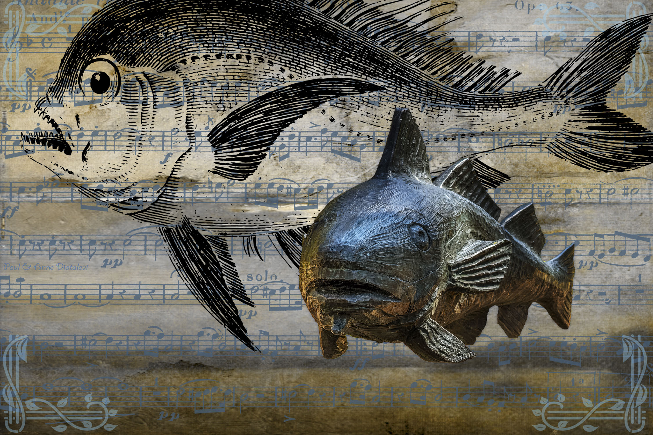 Musical Fish - Codfather statue, fish, and musical score inspired by story of Bach