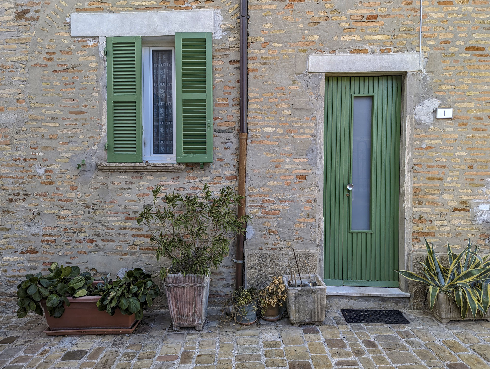 A green door and a shuttered window in Italy