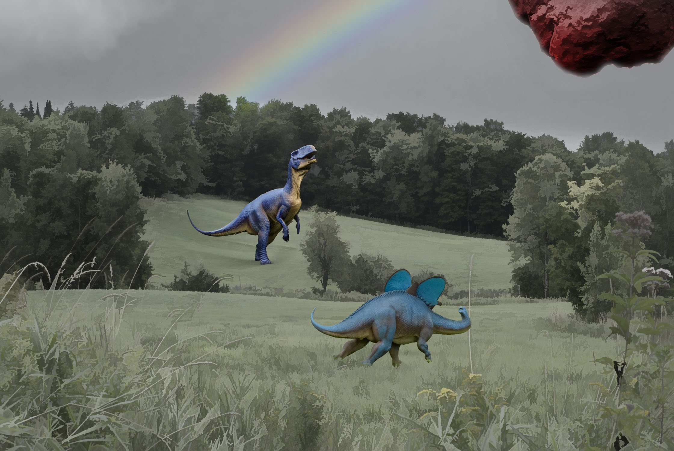 dinosaurs about to be impacted by a large meteor