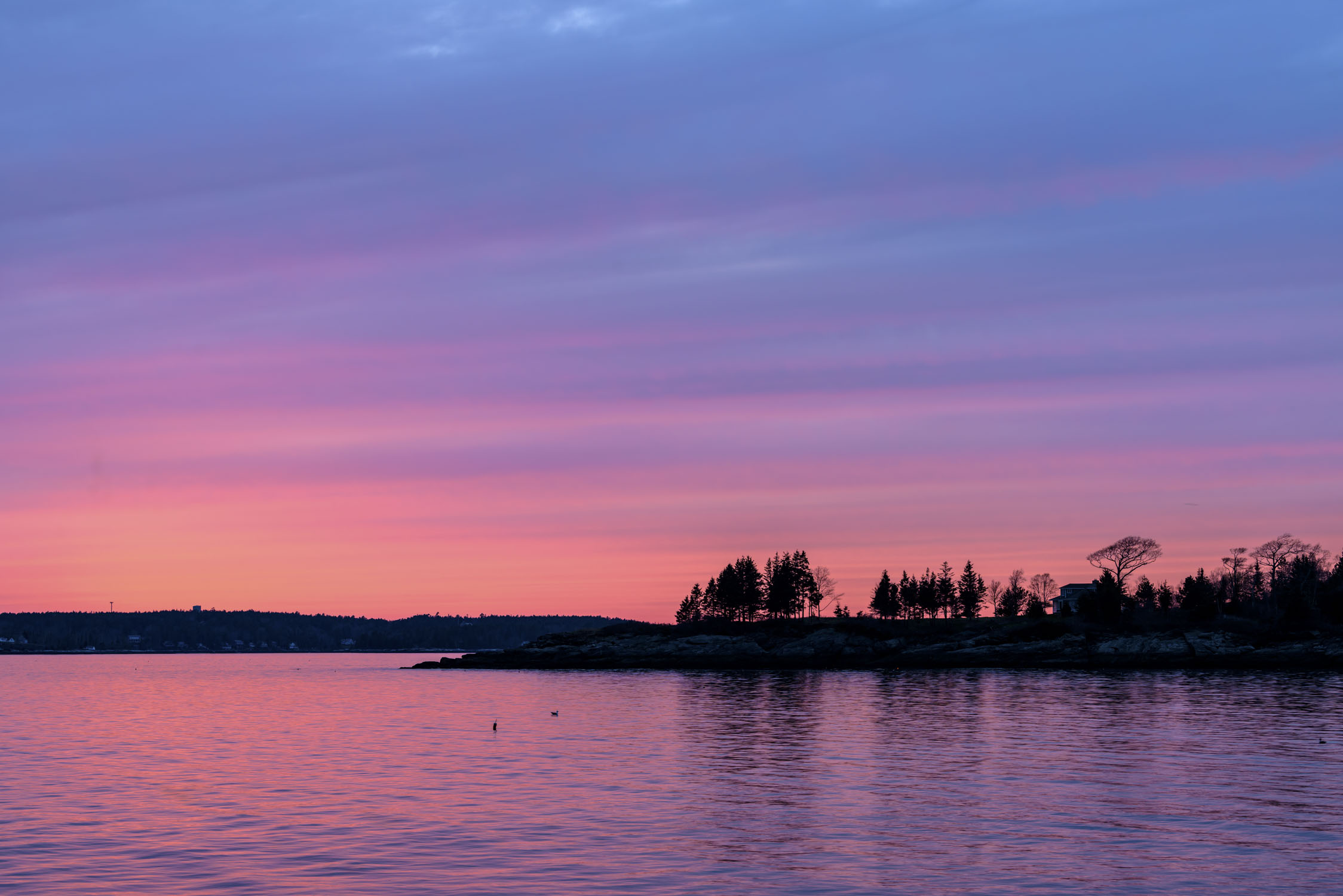 Water in the foreground reflects the sky, then there is a strip of land with silouhettes of trees and a house, with a blue and pink sky above