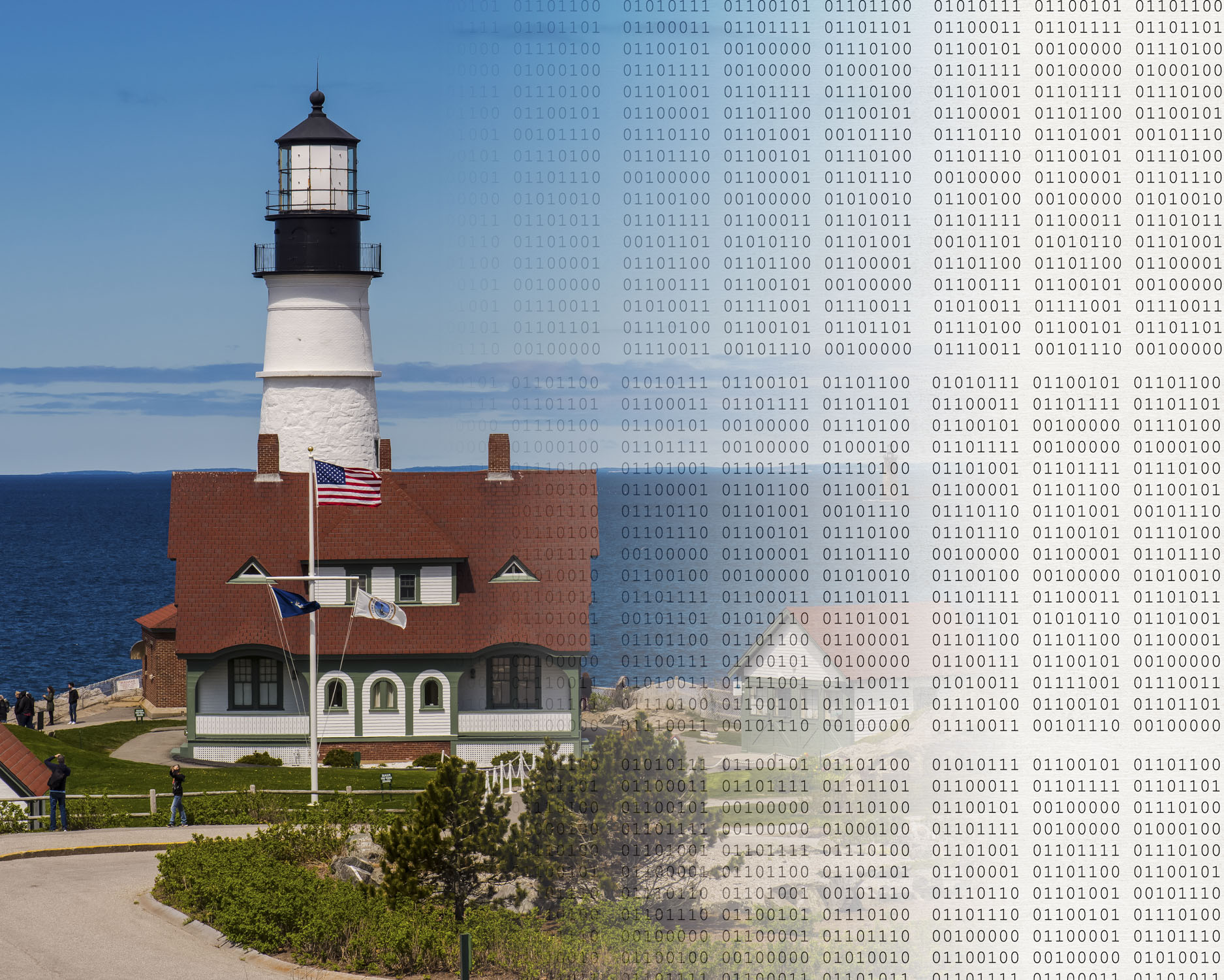 The Portland Head Lighthouse fading into digital code