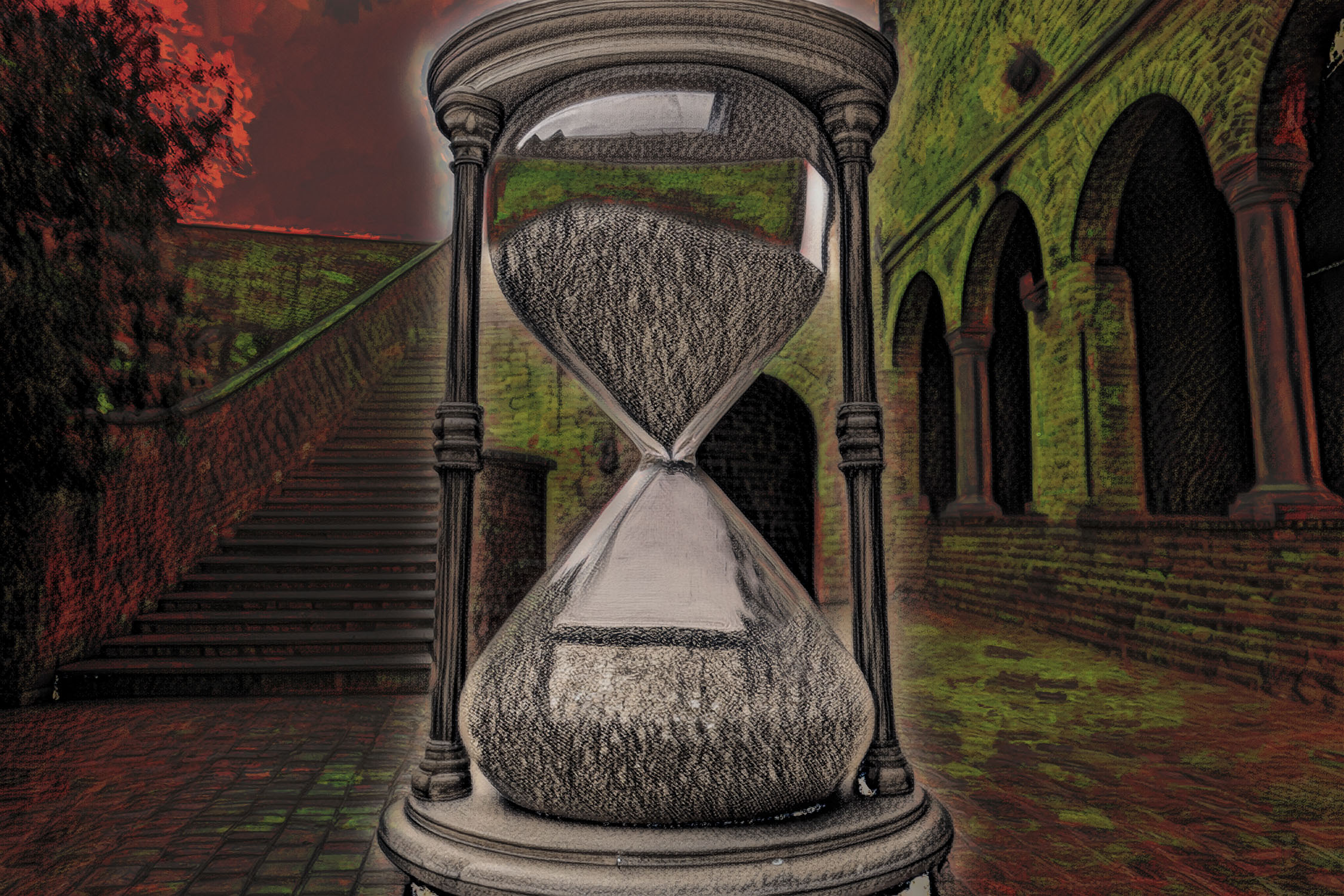 An stylized picture of an hourglass in a moss covered courtyard.