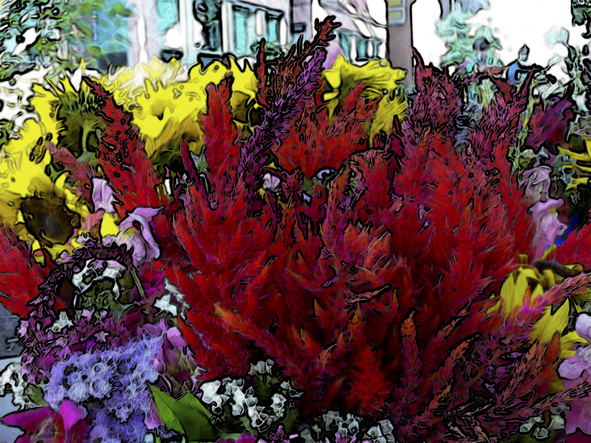Bright red, yellow, purple, and white flowers rendered like a drawing