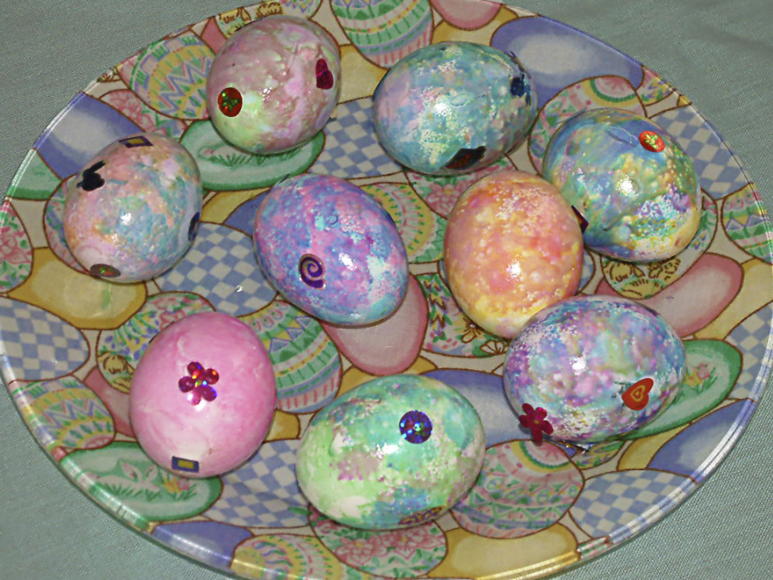 Easter eggs on a colorful plate