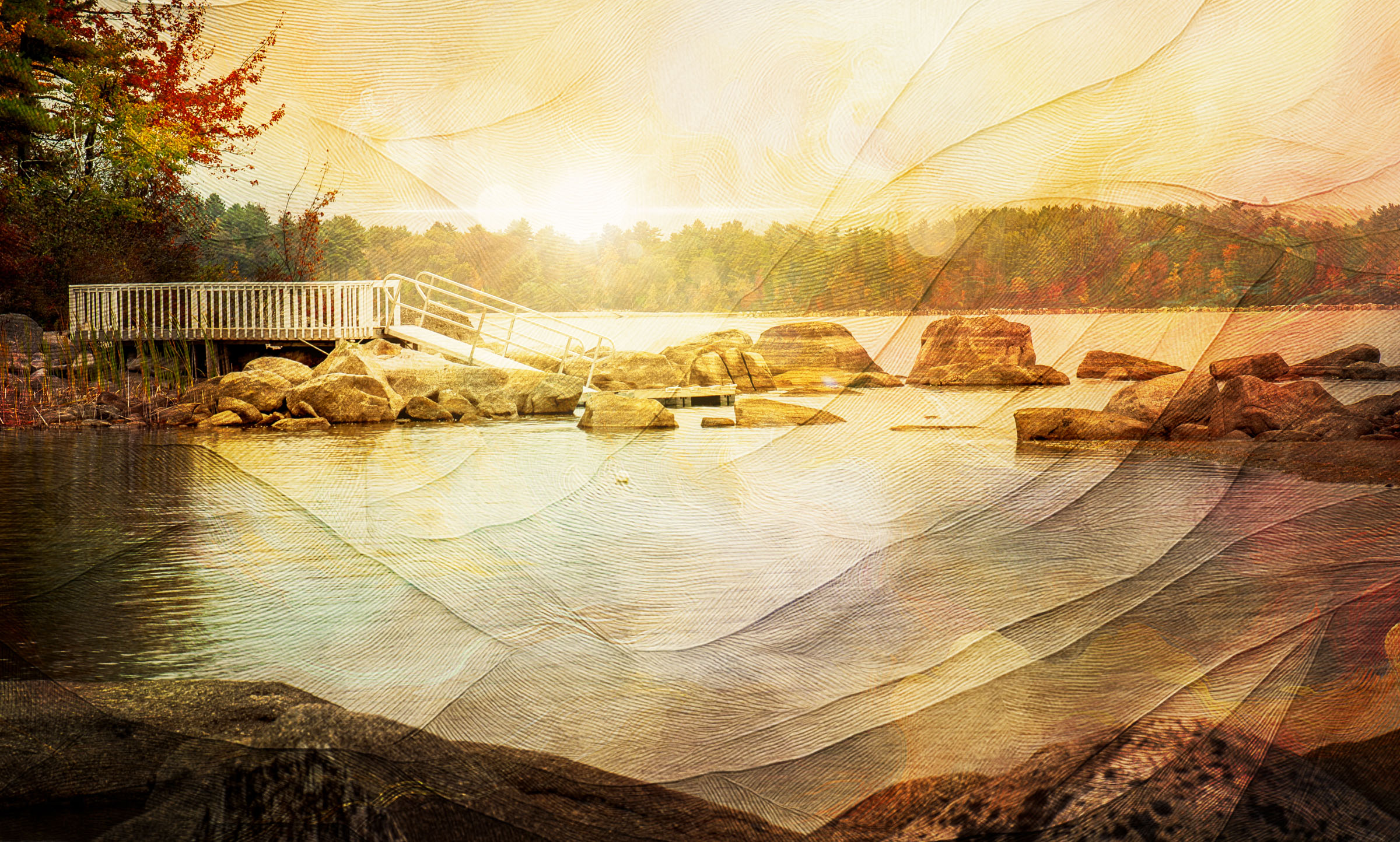 Dock with autumn trees