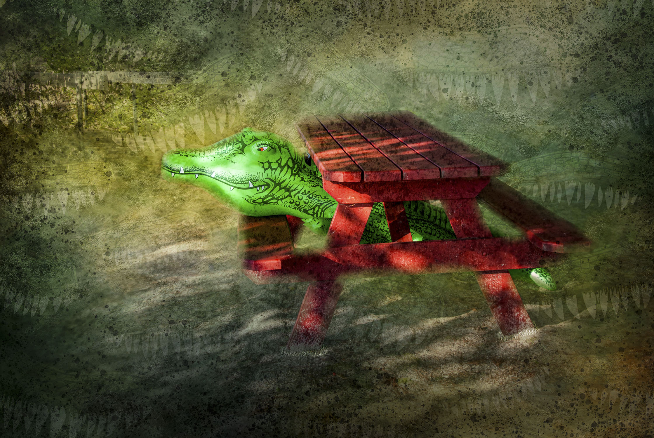 Alligator inflatable under a picnic table