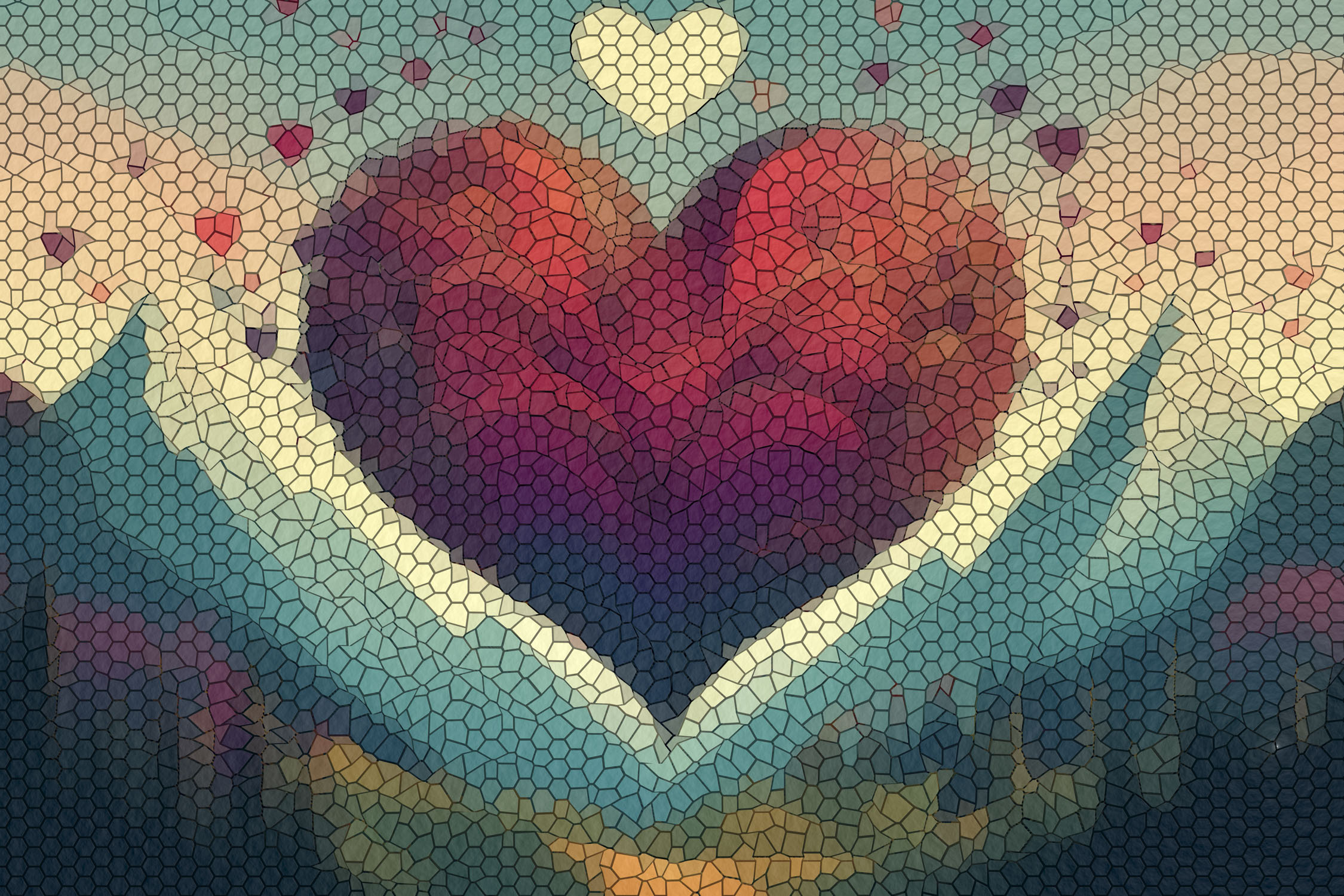 A stained glass mosaic of a heart and mountains