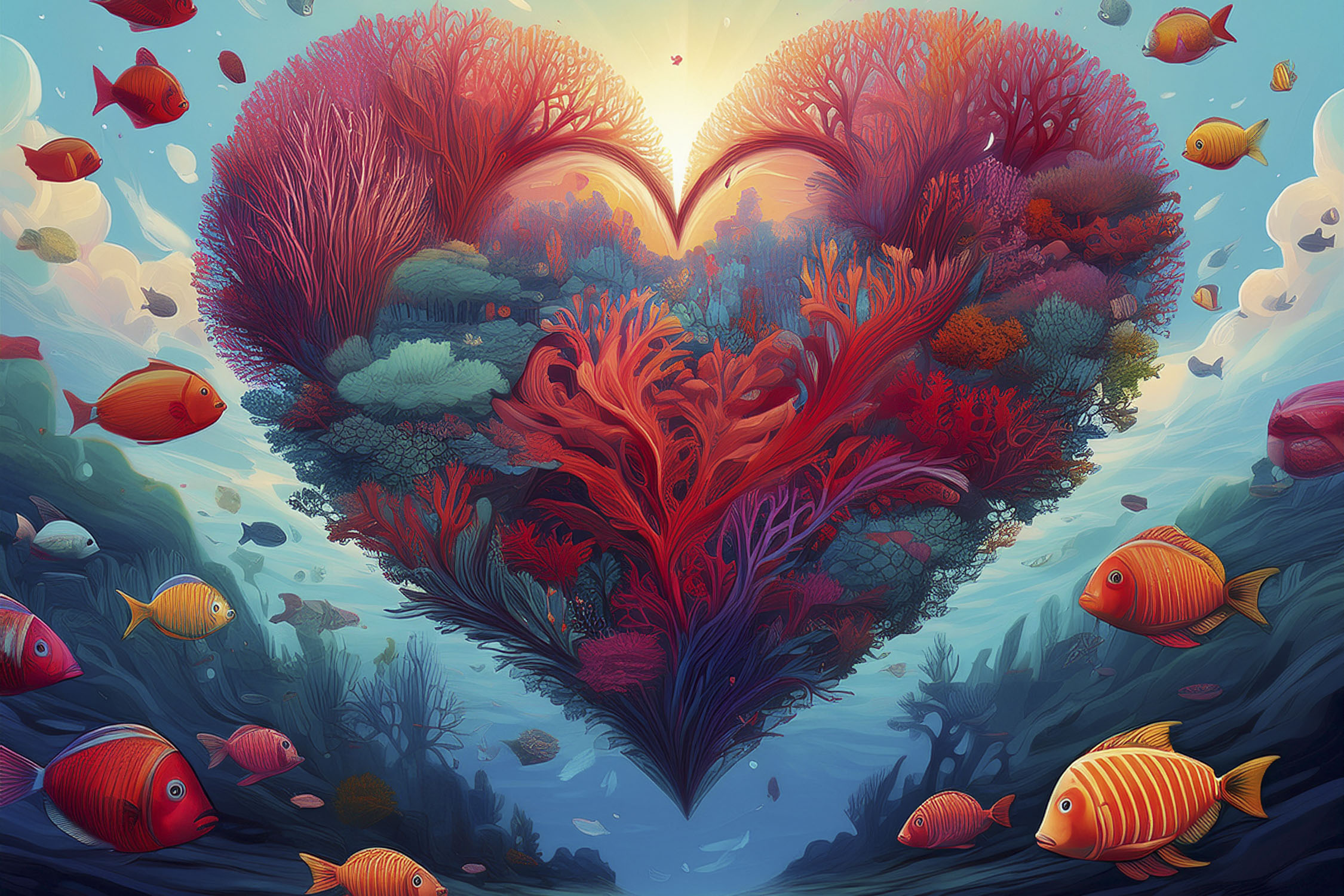 An underwater scene with a stylized heart of soft coral