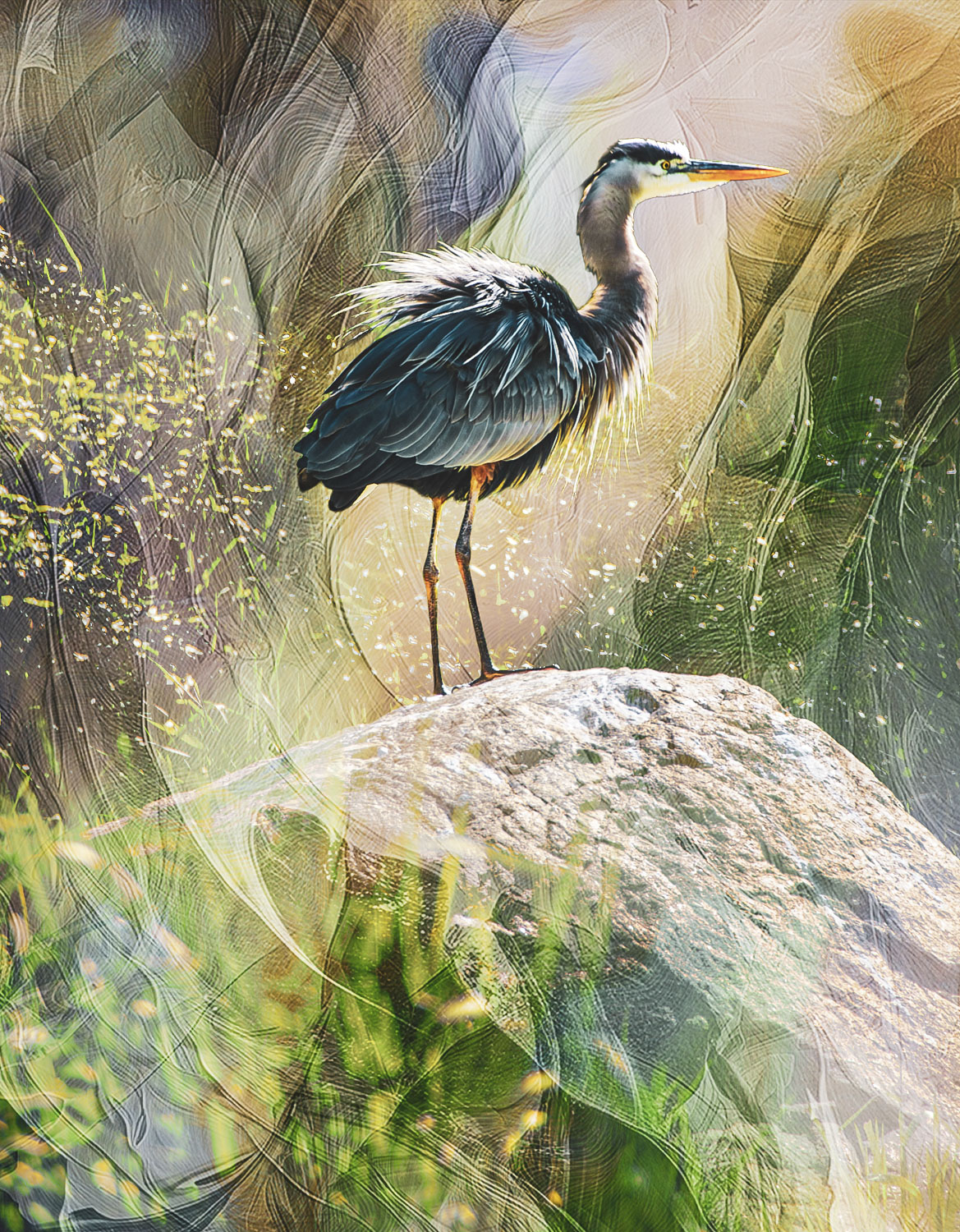 An egret on a rock with an abstract swirled background