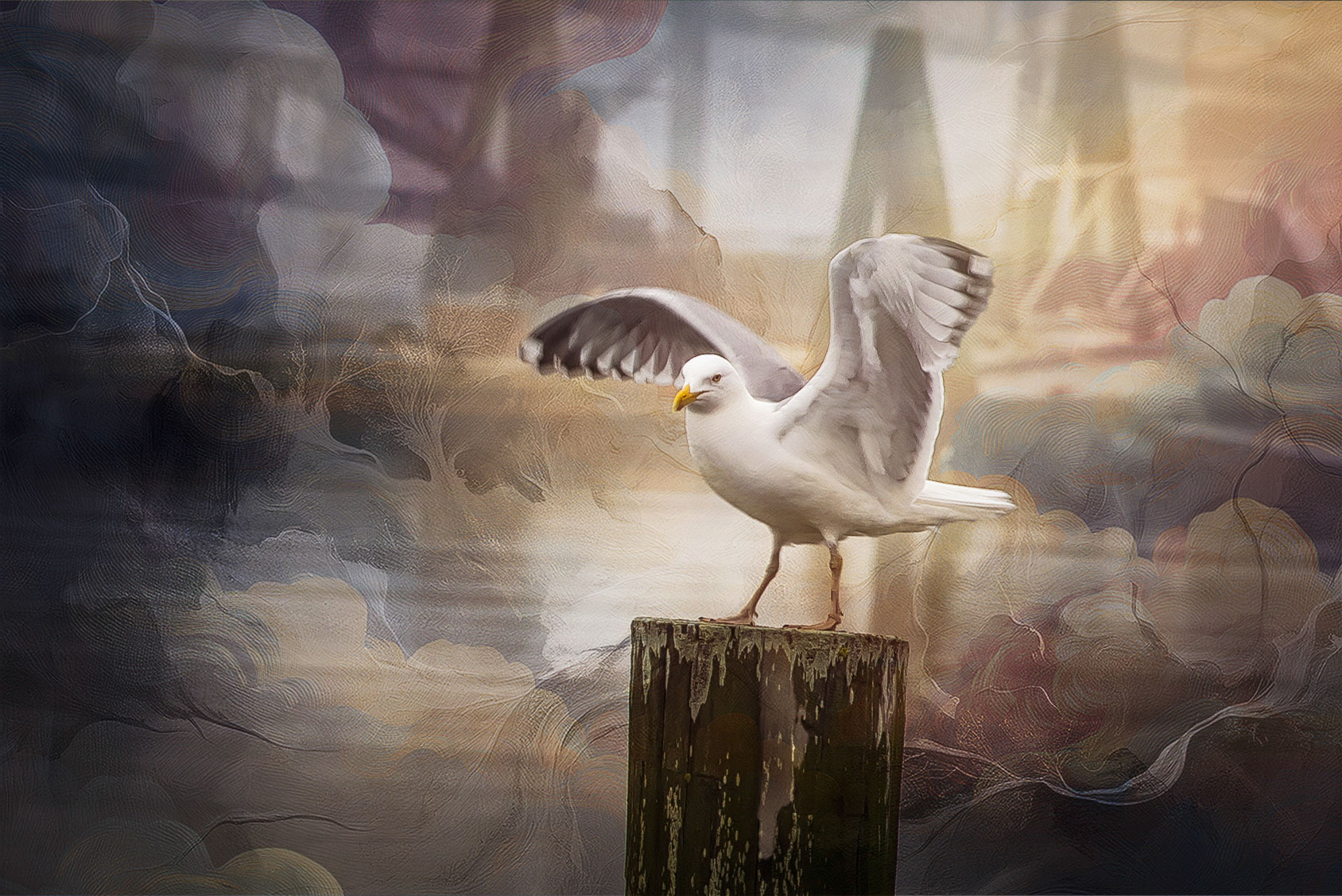 A seagull with raised wings on a post and a background reminiscent of clouds