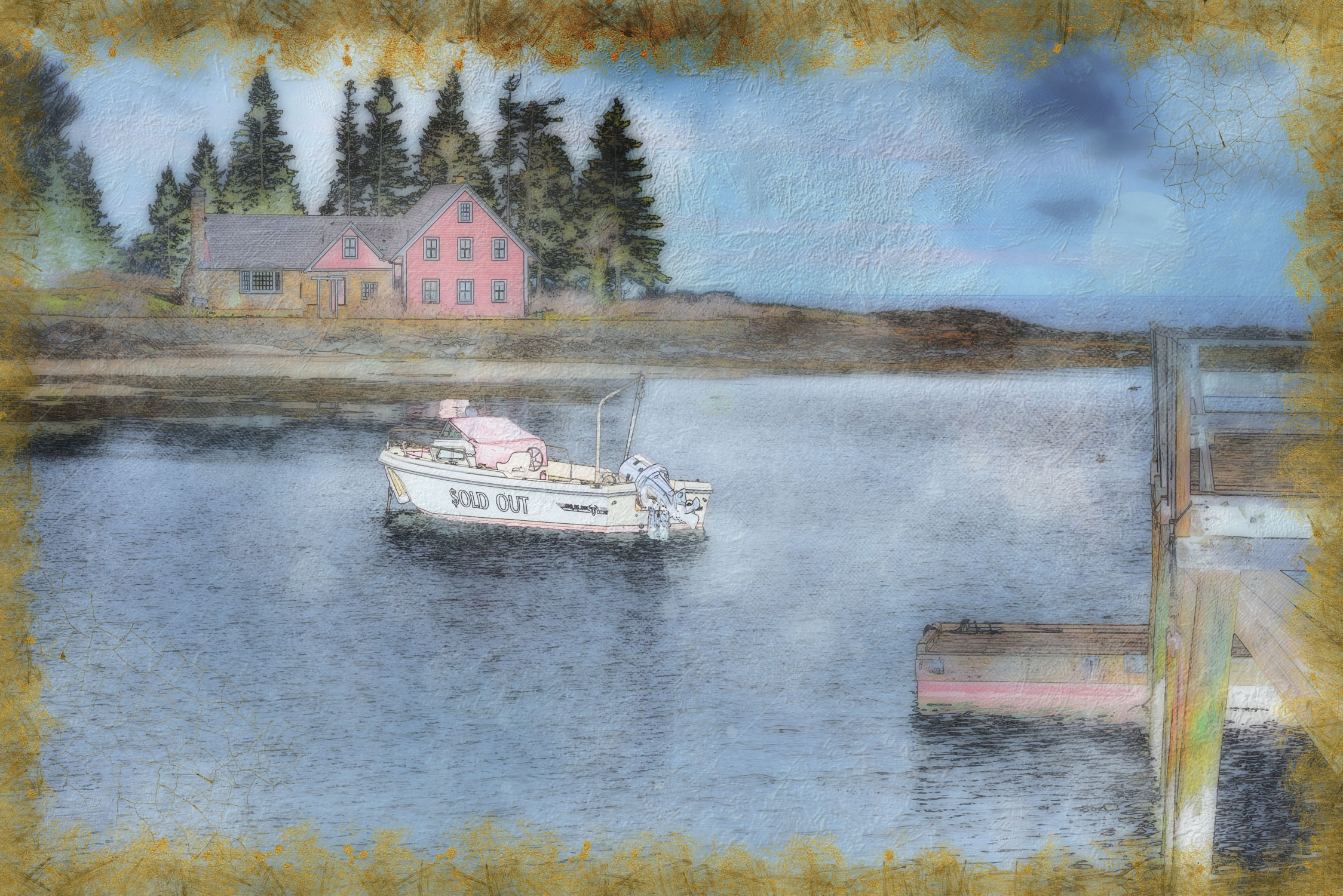 Small motorboat named “SOLD OUT” floating in a quiet harbor, with a pink house, evergreens, and a dock in the background; the image has a sketch-like textured treatment