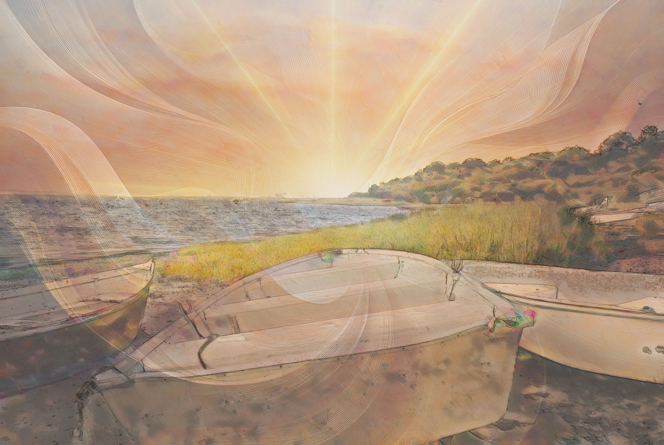 Several small rowboats pulled up on a sandy shore at sunset, with tall grasses and glowing streaks of light across the sky in an artistic overlay.