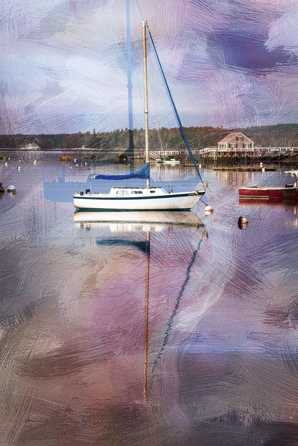 White sailboat moored in still harbor water, its mast reflected below, with docks and buildings behind it and a textured purple-blue overlay across the image.