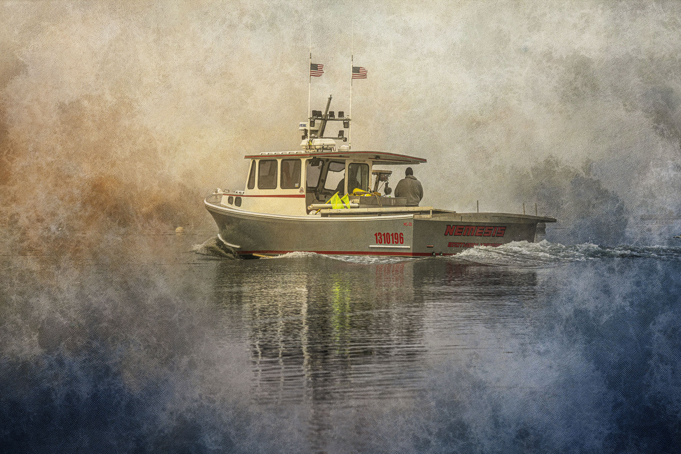 Lobster boat named “NEMESIS” moving across calm water, with two American flags above the cabin and a painterly textured border around the scene.
