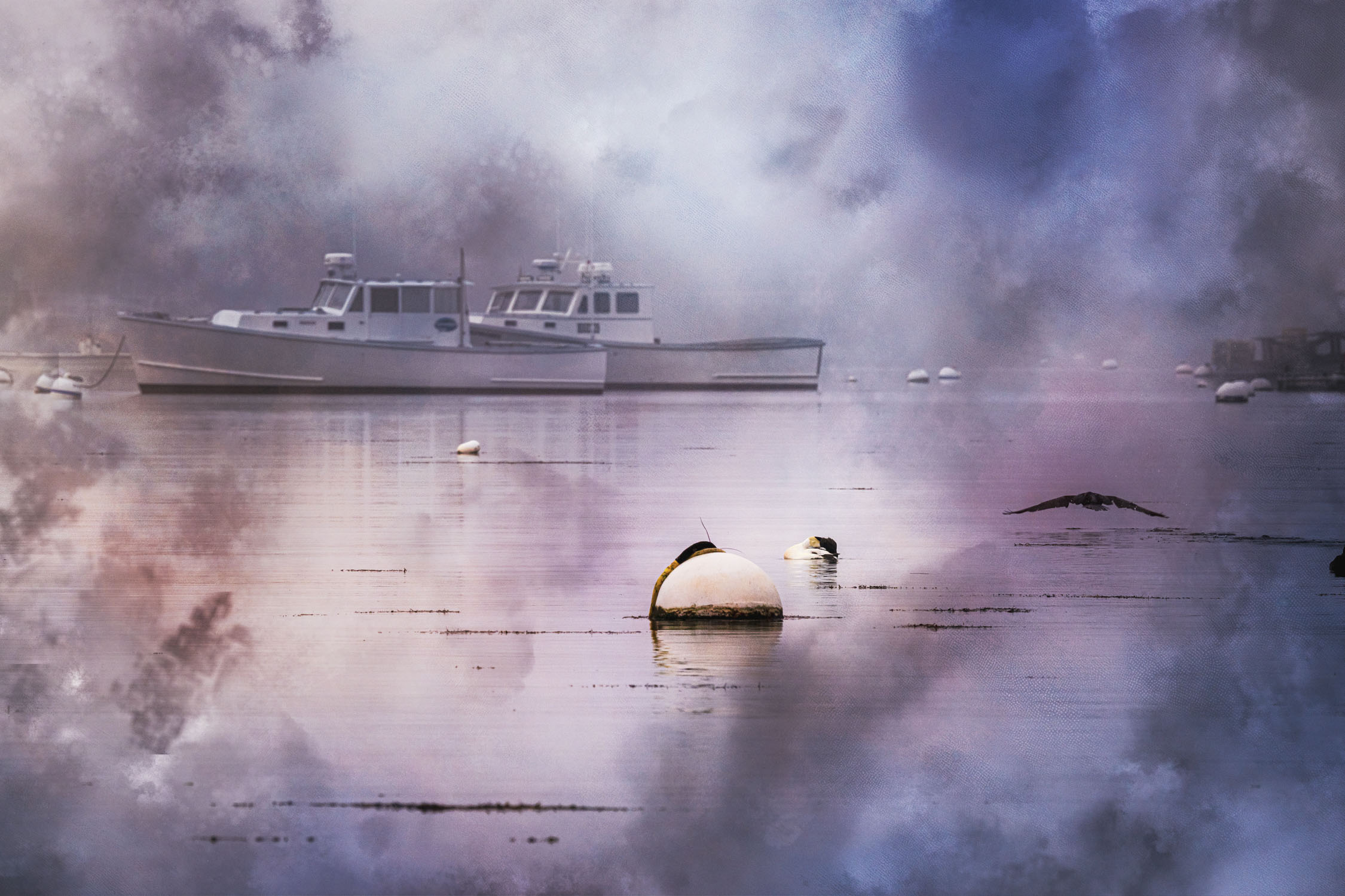Two white boats resting on very calm harbor water with buoys in the foreground, while a dark bird flies low at right through a misty purple-blue textured scene.