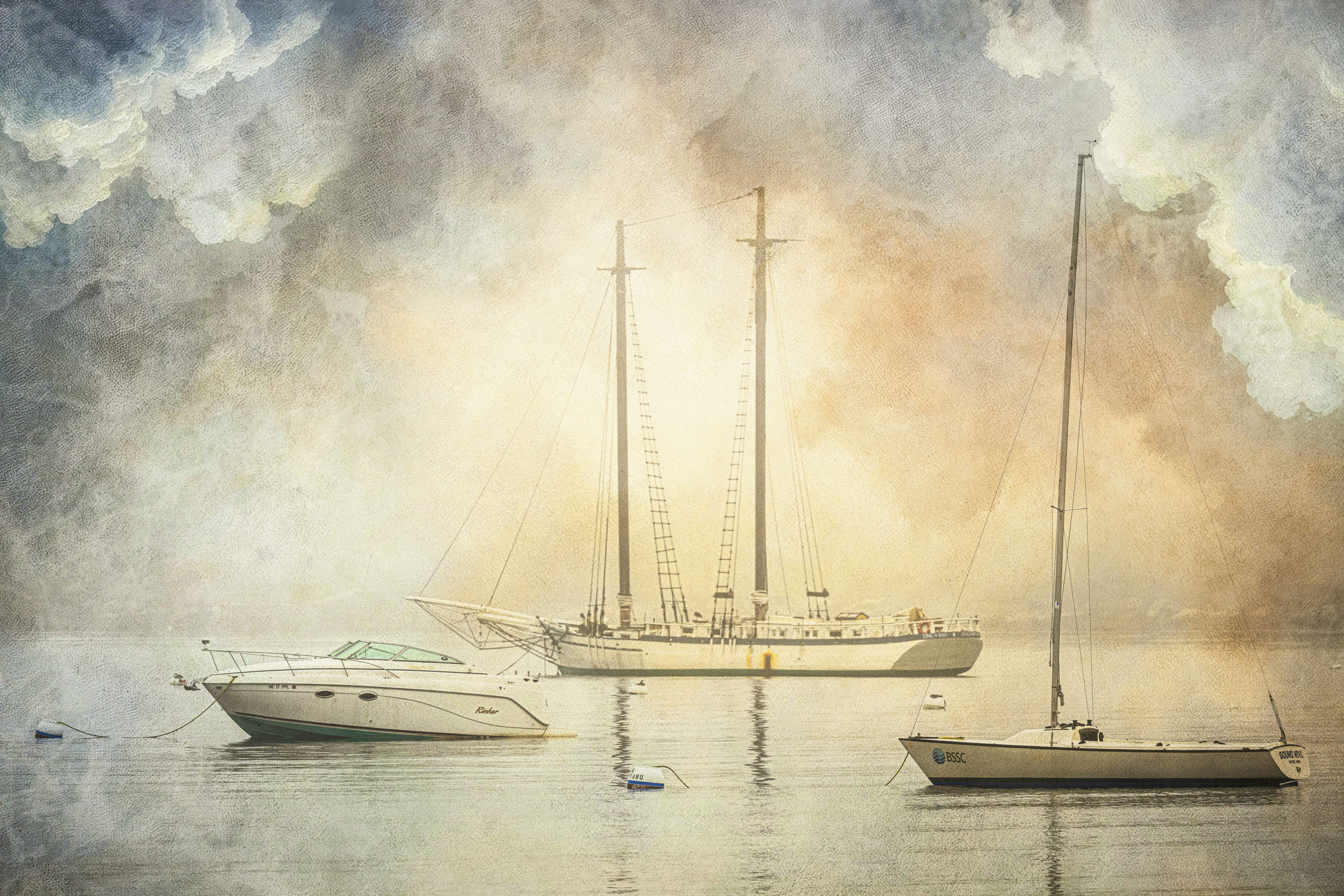 Three moored boats on still water, including a tall schooner in the center, rendered with a soft cloudy painterly treatment.