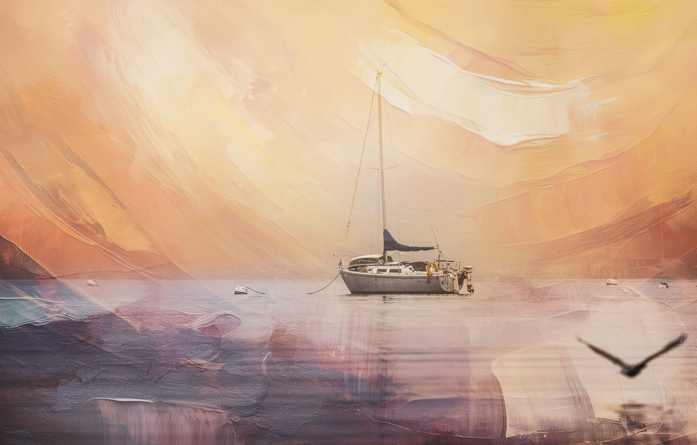 Single sailboat anchored on calm water beneath a glowing orange and peach sky, with a dark bird silhouette at the lower right and heavy brushstroke textures throughout.