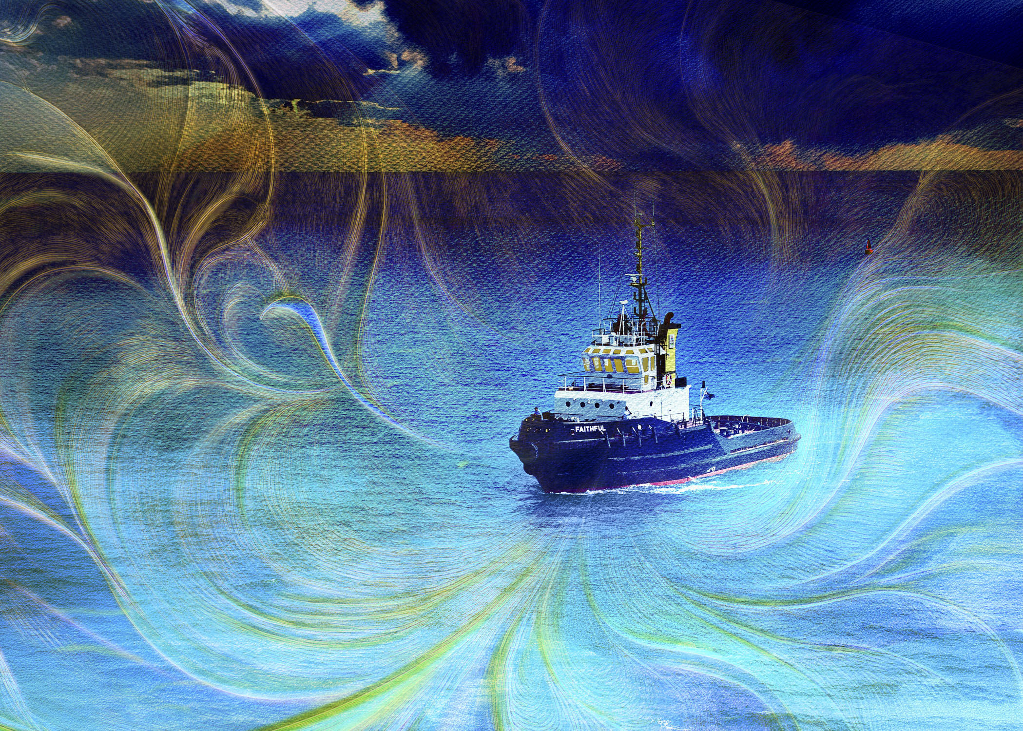 Tugboat named “FAITHFUL” traveling across bright blue water, surrounded by swirling abstract light patterns and a dramatic dark sky.