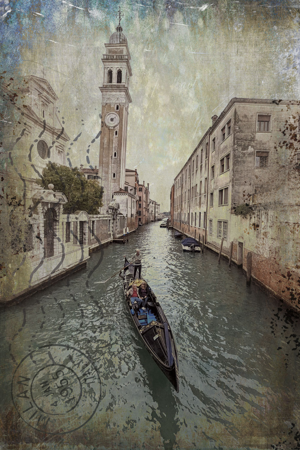 Gondola traveling down a Venetian canal between old buildings, with a church tower rising at left and a distressed vintage postcard-style overlay.