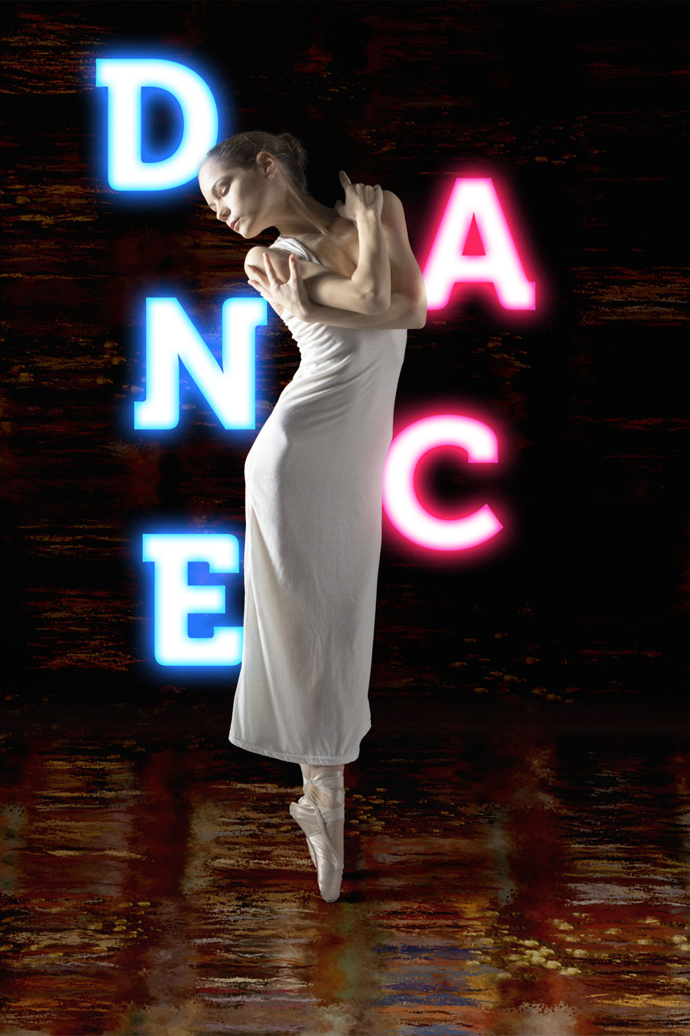 Ballerina with florescent letters spellin DANCE