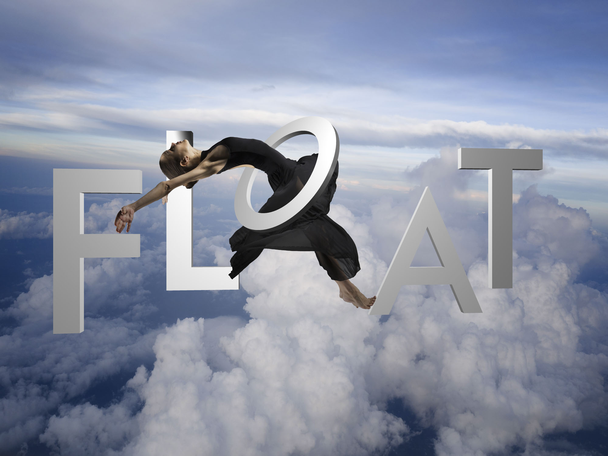 A woman in the sky jumping through the letter O of the word FLOAT