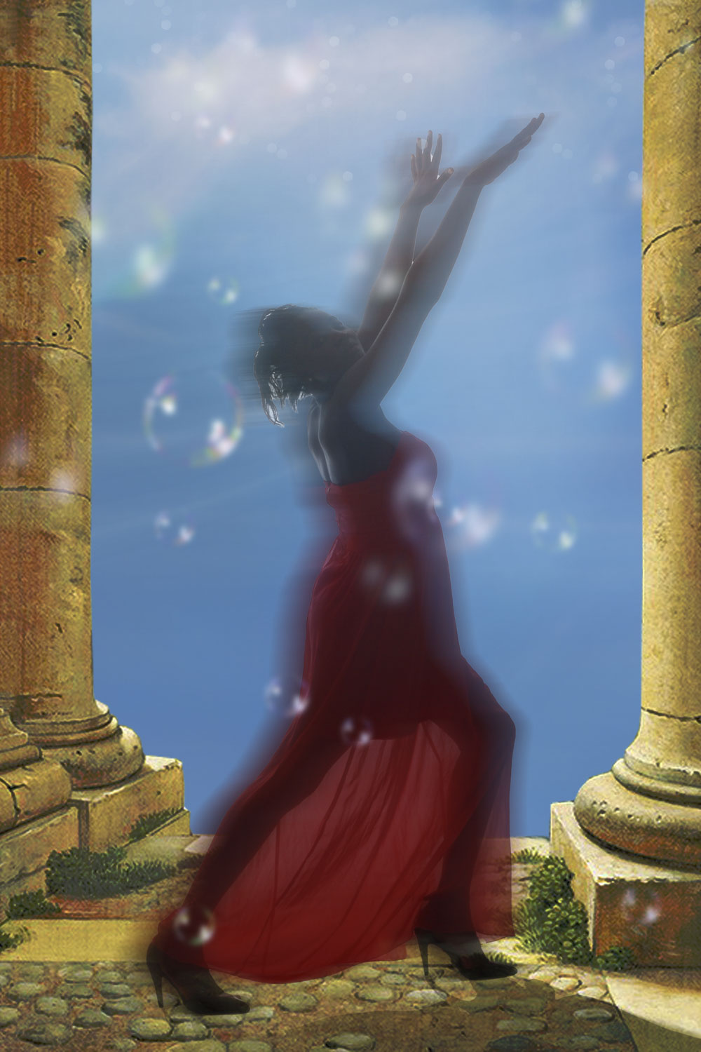 A woman in a red dress dancing between Greek-looking columns