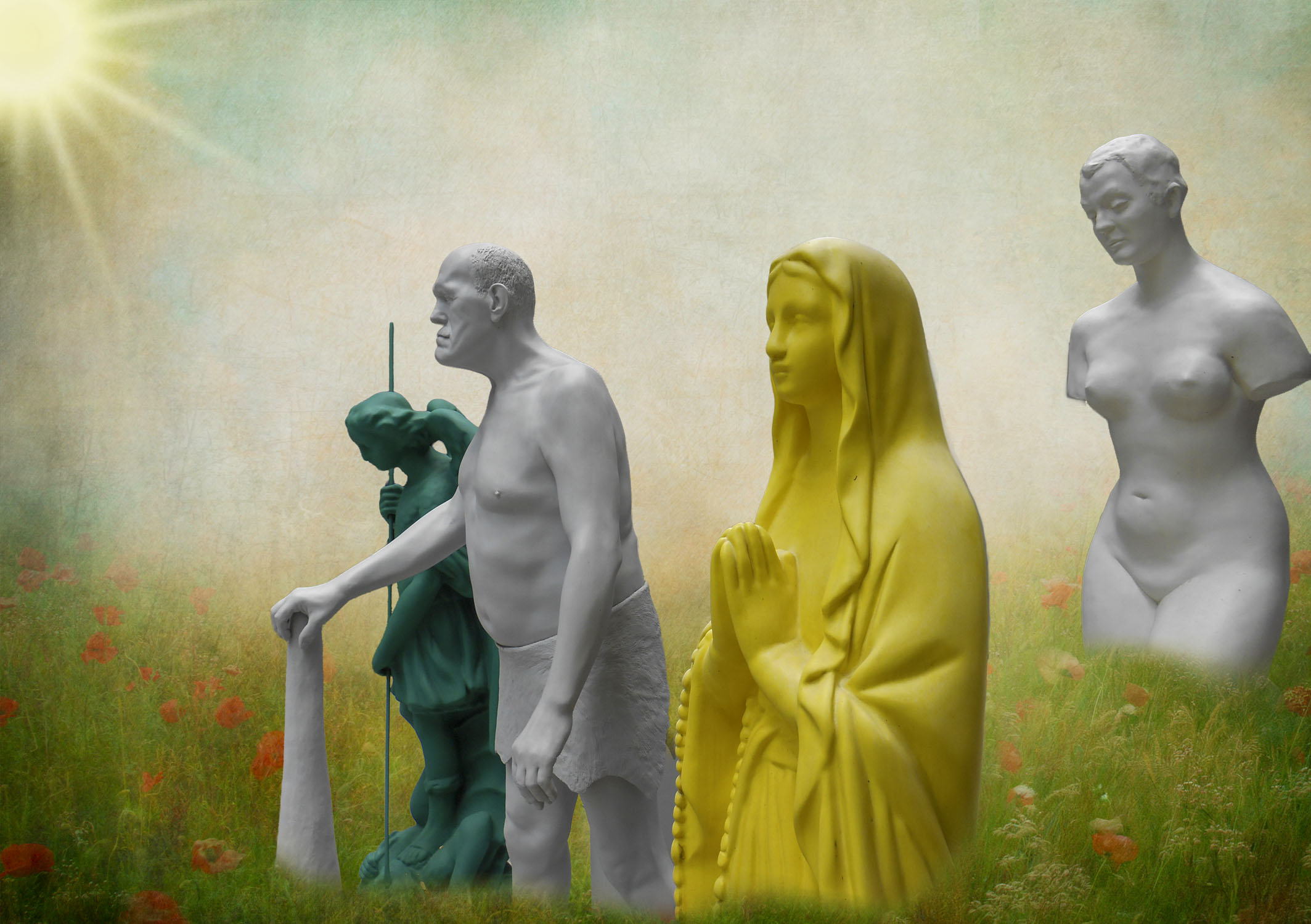 Statues from the MOMA transported to a field of wild flowers