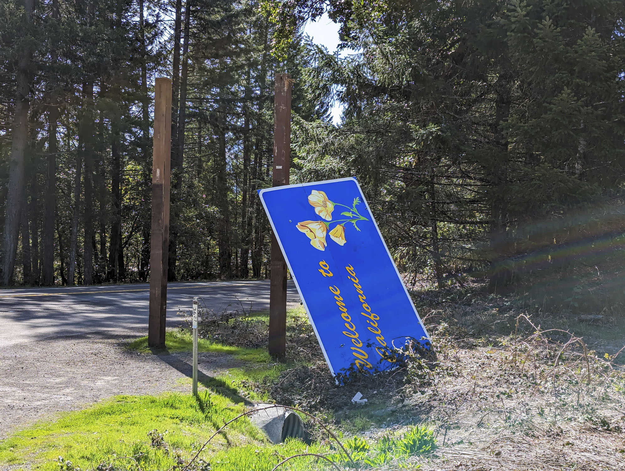 A Welcome to California road sign on the ground, leaning against the its own post