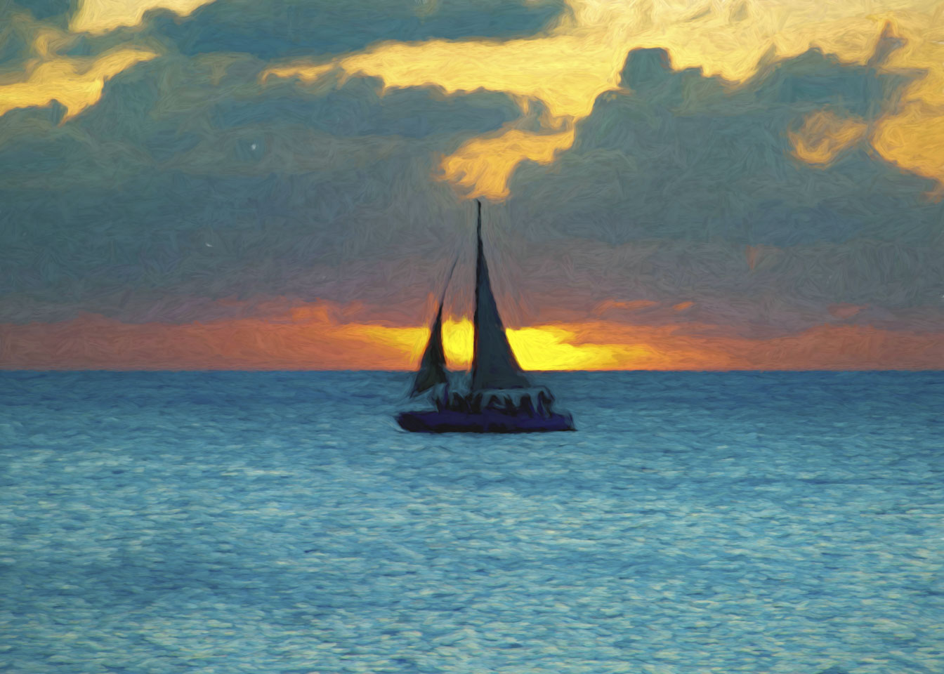 Painted look of a boat in front of a sunset